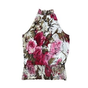 Y2K Cache Halter Tank Top Women’s XS 100% Silk Floral Blouse Sleeveless Shirt